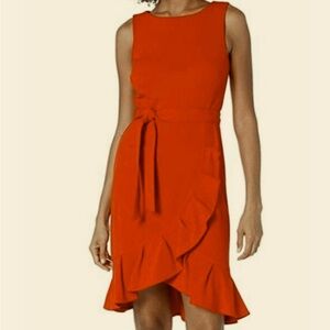 Calvin Klein Sleeveless Dress Size 12 Orange with Stretch and Ruffle Trim